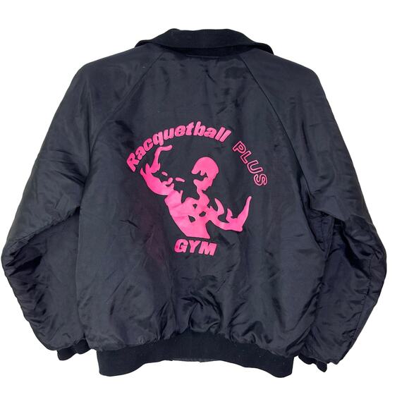 Vintage Racquetball Plus Gym Bomber Jacket Satin Black USA Made Athletic Workout - Picture 1 of 10